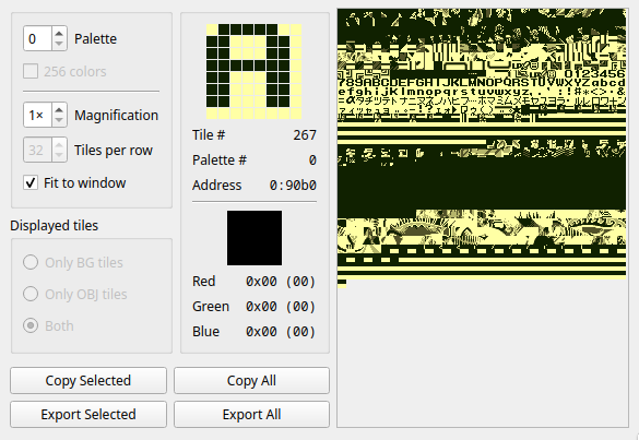 Screenshot of mGBA tile viewer for Bladefly